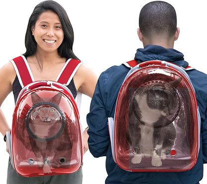 LaLuz2021 Cat Backpack Carrier Pet Bag- Expandable Tent Double Bubble Capsule Backpacks - Plush mat with Bonus Hook and Loop Fasterner and Built-in Leash Clip - Red