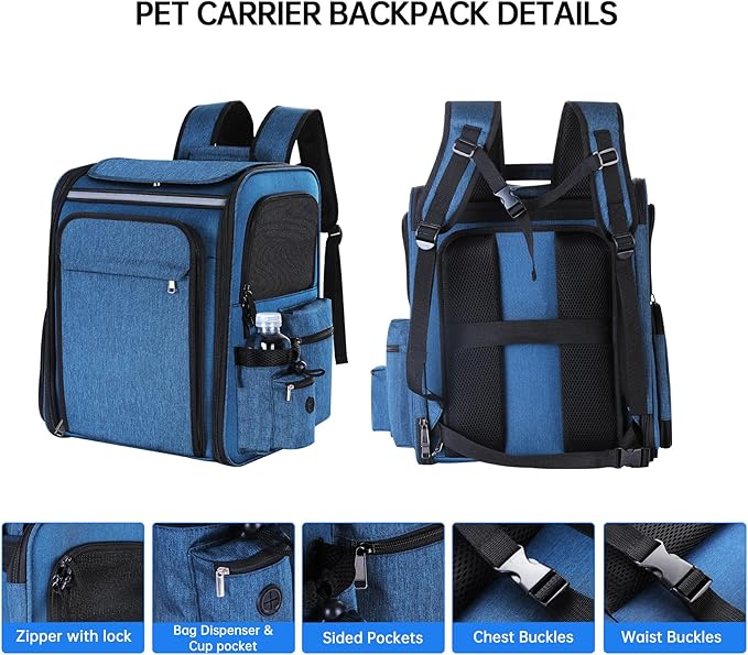 Pet Travel Carrier Backpack, Soft-Sided Breathable Mesh Cat Carrier Backpack for cat,Dogs,Puppies Up to 20 Lbs,Dual Side Expandable to 17 x 13.5 x 36 inches… (Blue)