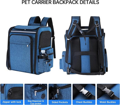 Pet Travel Carrier Backpack, Soft-Sided Breathable Mesh Cat Carrier Backpack for cat,Dogs,Puppies Up to 20 Lbs,Dual Side Expandable to 17 x 13.5 x 36 inches… (Blue)