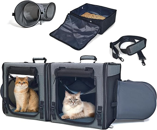 3-in-1 Double Pet Carrier, Car Cat Travel Carrier with Litter Box, for 2 Cats and Small Dogs Home Travel Set, Portable Tote Bag/Hammock/Mat, Large Cat Carrier with Collapsible Pet Tunnel