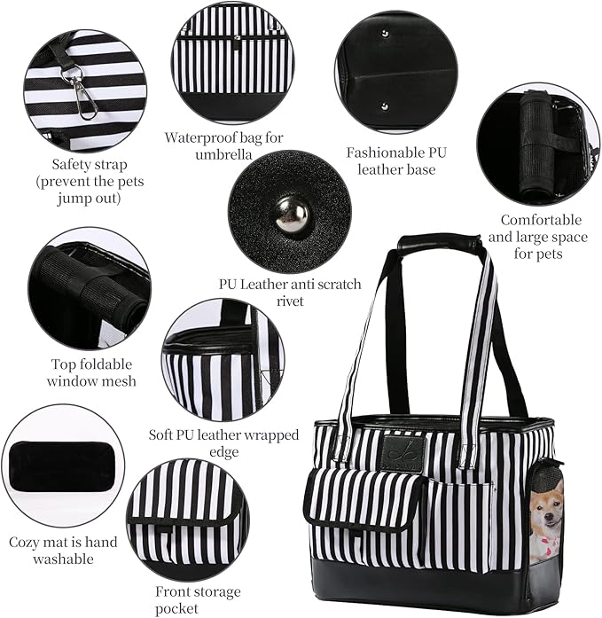 Cat Carrier, Dog Carrier, Pet Carrier, Foldable Waterproof Premium PU Leather Oxford Cloth Dog Purse, Portable Bag Carrier for Small to Medium Cat and Small Dog - Black White Stripes New