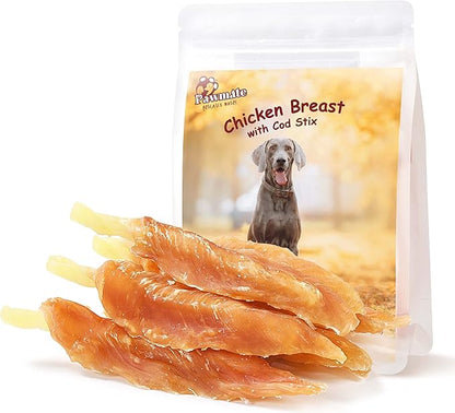 Chicken Wrapped Cod Sticks Dog Treats, Healthy Rawhide-Free High Protein Chicken Tender Dog Jerky Soft Chews Training Reward for Small Medium Large Dogs 9-10 Counts