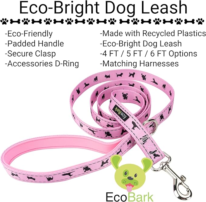 EcoBark Dog Leash - 4 FT / 5 FT / 6 FT Reflective Dog Leash- Eco-Bright Dog Leashes with Padded Handle - Strong Heavy Duty Dog Leash - Nylon Dog Leash for Medium and Large Dogs (Baby Pink Dog Leash)