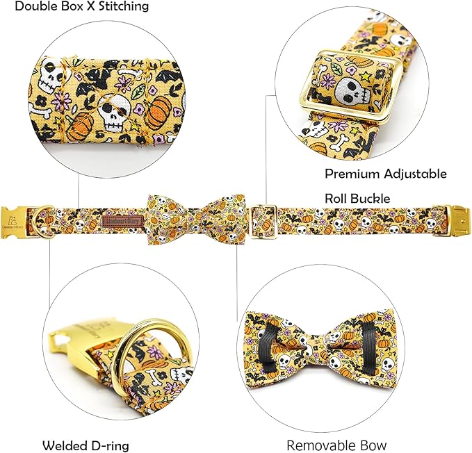Lionheart glory Halloween Dog Collars Fall Dog Collar Skull Bowtie Dog Collar Girl Boy Pet Collar for Small Dogs Duty Adjustable Dog Collar with Bow Puppy