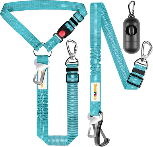 Dog Seat Belt for Car, Adjustable 4-in-1 Dog Car Seatbelt Leash with Hook & Buckle, Reflective Dog Seatbelt Harness for Car with Vehicle Car Headrest & Swivel Carabiner and Poop Bag, Sky Blue