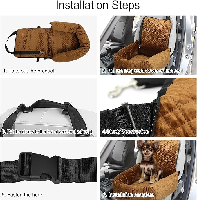 X AUTOHAUX Dog Car Pet Booster Seat Warm Flannel Puppy Bed Blankets Travel Safety Carriers Detachable Washable Cover with Seat Belt for Medium Small Sized Pet Up to 35lbs Coffee