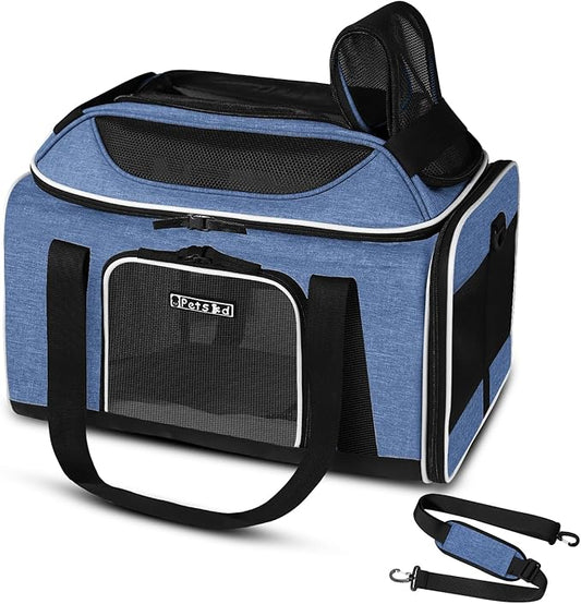 Petskd Top-Expandable Pet Carrier 17x11x9.5 Inches Alaska Airline Approved, Soft-Sided Carrier for Small Cats and Dogs with Locking Safety Zippers and Anti-Scratch Mesh(Blue)