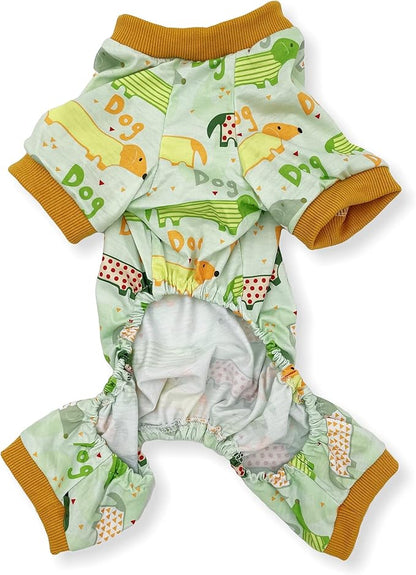 Dog Pajamas Soft COTTON Blend Jumpsuit Cute Pet Clothes for Small Medium Pet (Light Green Dogs 15", Chest 18" - 22")