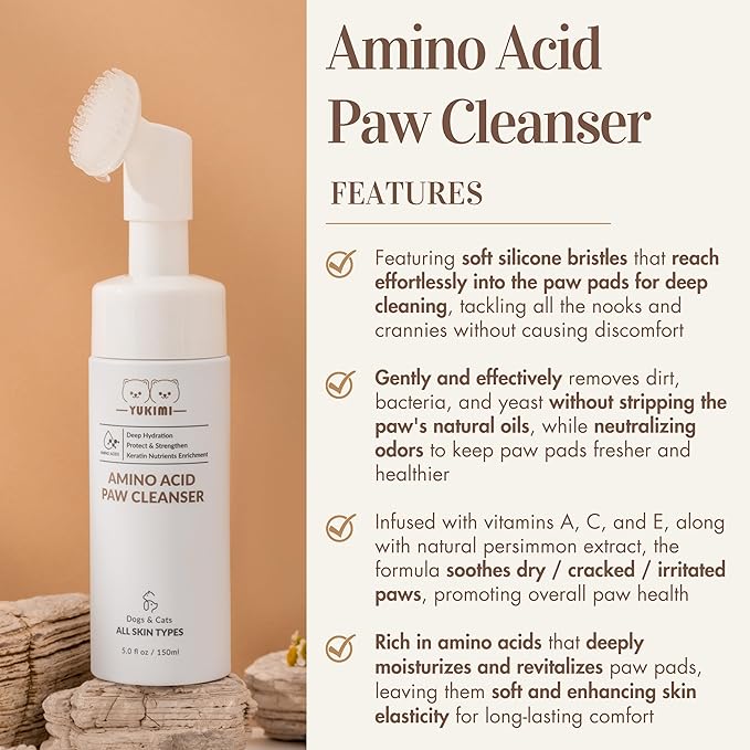 YUKIMI Premium Amino Acid Paw Cleanser with Silicone Bristle Brush for Dogs & Cats | Dermatologist Certified Hypoallergenic | Hydrating, Soothing, Deodorizing, Moisturizing | pH Balanced - 5.0 Fl Oz