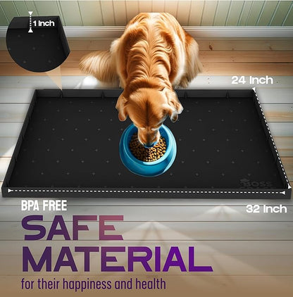 32x24x1” XL Dog Food Mat - All Purpose Silicone Pet Food Mat, Cat Litter Mat, Under Sink Mat - Raised Edges Dog Mat for Food and Water Prevent Spill, Waterproof Cat Food Mat Protect Floors