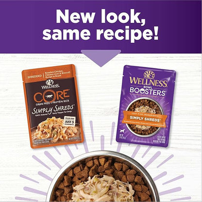 Wellness CORE Simply Shreds Natural Grain Free Wet Dog Food Mixer or Topper, Chicken Liver & Broccoli, 2.8-Ounce Pouch (Pack of 12)