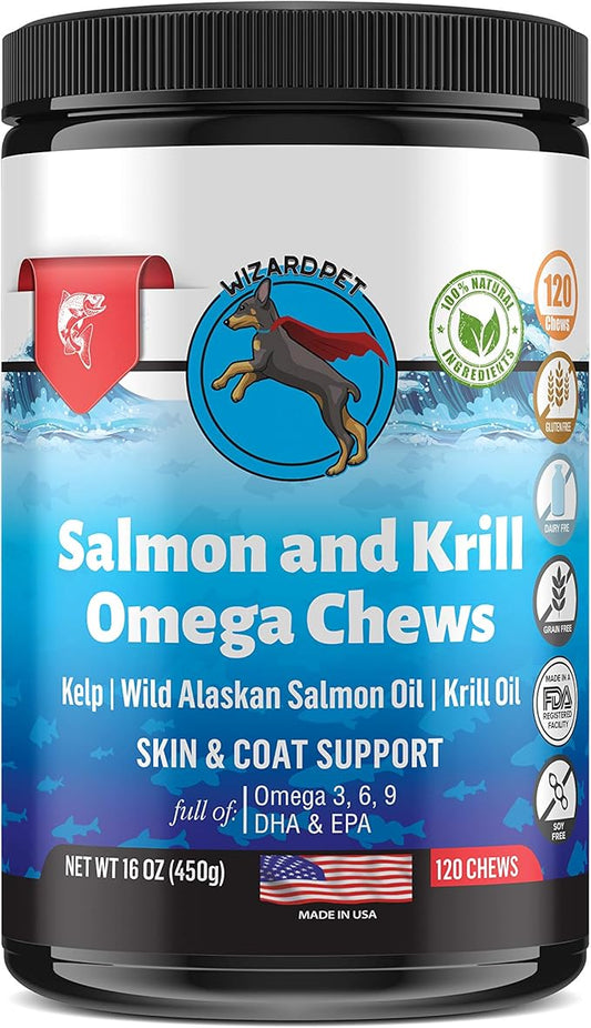 Wild Alaskan Salmon Krill Oil Chews for Dogs - 120 Soft Treats - Omega 3 6 9 Fish Supplement EPA, DHA for Itch-Free Skin Coat Joints - Allergy Relief - Reduce Hair Shedding - Made in USA