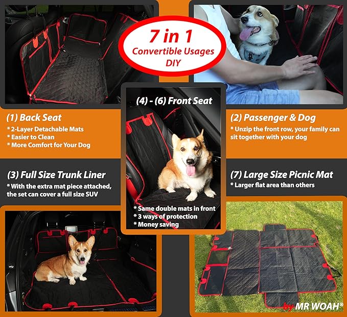 Convertible 7 in 1 Extra Mat Dog Front and Back Seat and Trunk Cover Protector Hammock Picnic Mats Durable Waterproof Scratch-Proof Nonslip Hammock Against Dirt and Fur for Car