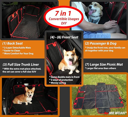 Convertible 7 in 1 Extra Mat Dog Front and Back Seat and Trunk Cover Protector Hammock Picnic Mats Durable Waterproof Scratch-Proof Nonslip Hammock Against Dirt and Fur for Car