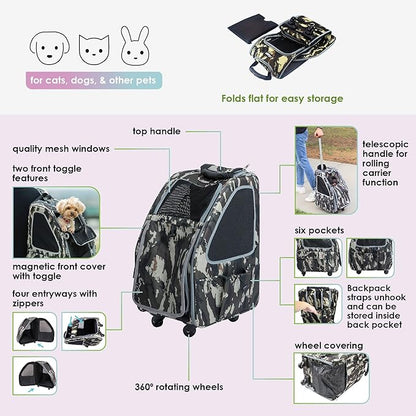 Petique 5-in-1 PET Carrier, Features: Rolling, Top Handle, Backpack, Luggage Attachment, Car Seat All in ONE for Small to Medium Dog, Cat, Bunny, Supports Pets up to 25LBS - Army CAMO