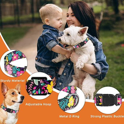 Dog Collar, Cute Floral Puppy Collar for Boys Girls Small Medium Large Dogs, Adjustable Soft Pet Collar Fancy Floral with Quick Release Buckle for Males Females, Black Floral,S