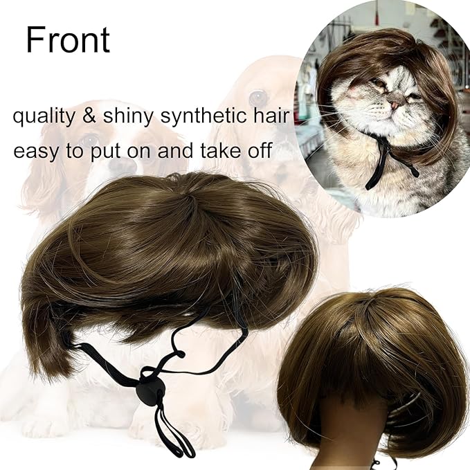 Funny Dog Wig Pet Costumes, Cat Costume Synthetic Hairpiece Cosplay Wigs, Headwear for Halloween Christmas Festivals Party Decor, Fancy Dress,Average Size for Most Dog Cat,Black Brown Straight