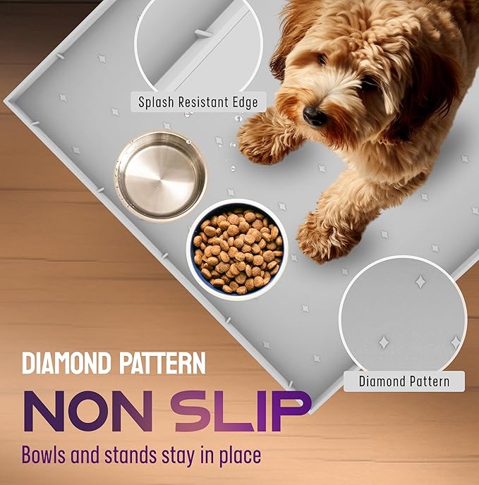 32x24x1” XL Dog Food Mat - All Purpose Silicone Pet Food Mat, Cat Litter Mat, Under Sink Mat - Raised Edges Dog Mat for Food and Water Prevent Spill, Waterproof Cat Food Mat Protect Floors