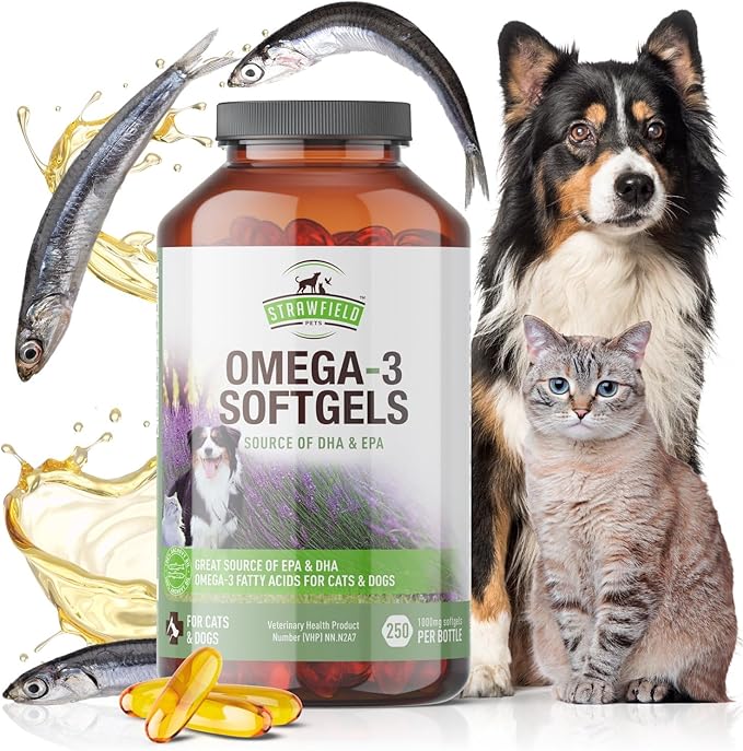 Strawfield Pets' Omega 3 Fish Oil for Dogs Dog Fish Oil Pet Supplement for Joint Support & Pain Relief Allergy Itch Shedding Healthy Coat Dry Itchy Skin Hot Spots USA 1000 mg EPA DHA 250 Softgel Pills