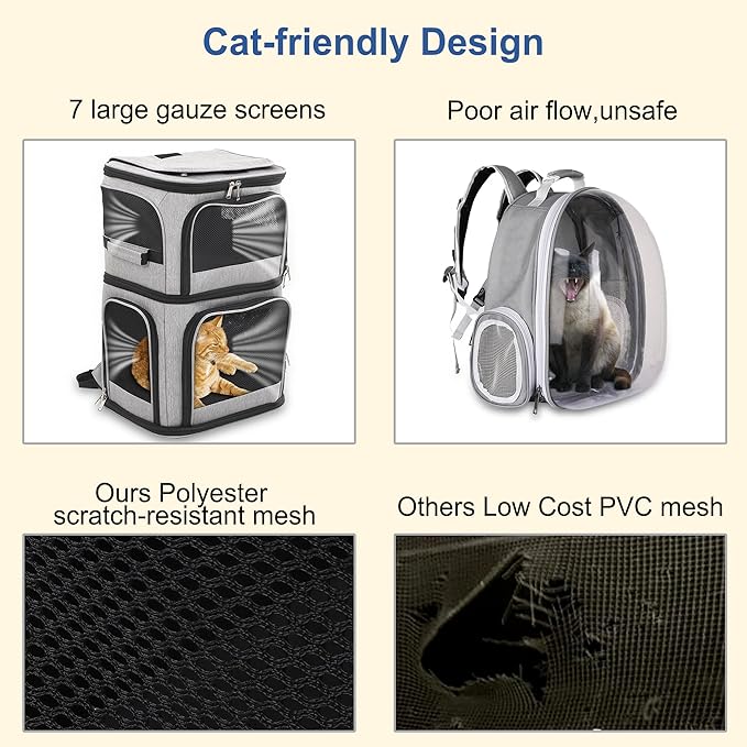 Expandable Cat Backpack Carrier for 2 Cats, Dog Backpack for 2 Small Pets Dogs, Cat Carrier for Large Cats Multiple Pets, Ventilation, Built-in Frame Support Plate and Safety Straps, Foldable, Grey