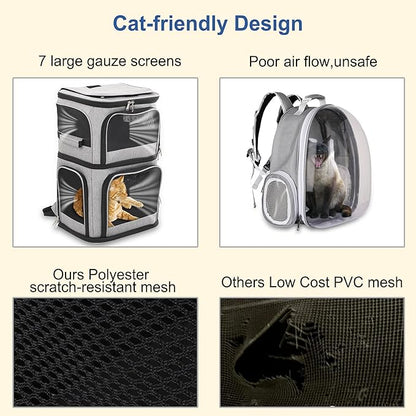 Expandable Cat Backpack Carrier for 2 Cats, Dog Backpack for 2 Small Pets Dogs, Cat Carrier for Large Cats Multiple Pets, Ventilation, Built-in Frame Support Plate and Safety Straps, Foldable, Grey