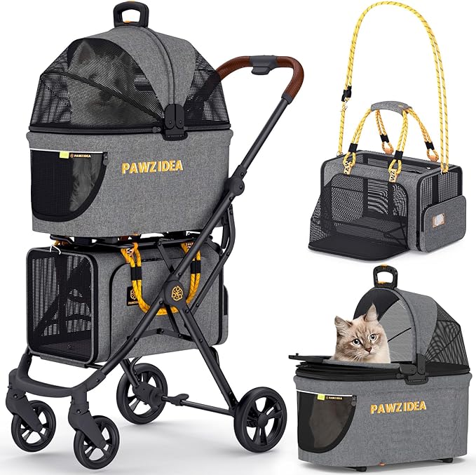 PAWZIDEA Double Pet Stroller for 2 Cats Dogs Small & Medium, TSA Airline Approved Cat Carrier Expandable, Cat Stroller with Removable Carrier Bag, 2 Dog Stroller Detachable Carrier, Travel Car Seat