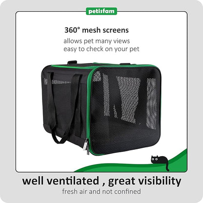 petisfam Easy Load Pet Carrier Bag for Medium or Large Cats with Durable Double-Thickness Fabric and Stable Structure. Black w/Green Trim, L