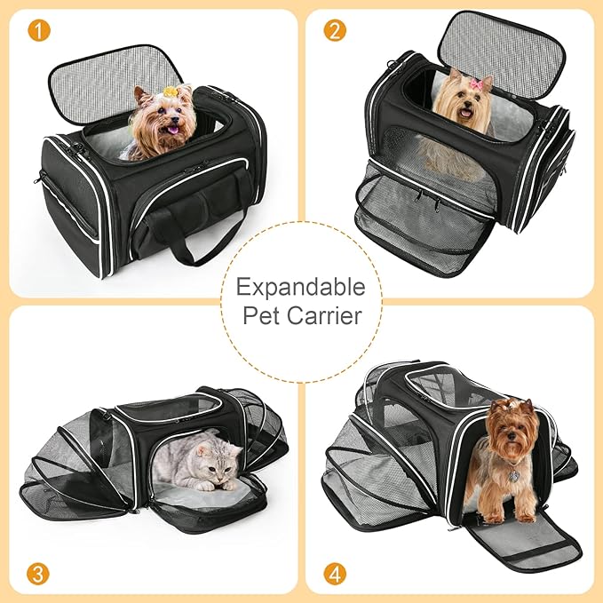 Estarer Soft Sided Pet Carrier Airline Approved, 4 Sides Expandable Collapsible Cat Carrier with Pockets & Removable Fleece Pad, Travel Carrier Bag for Cat Dog & Small Animals (Black)