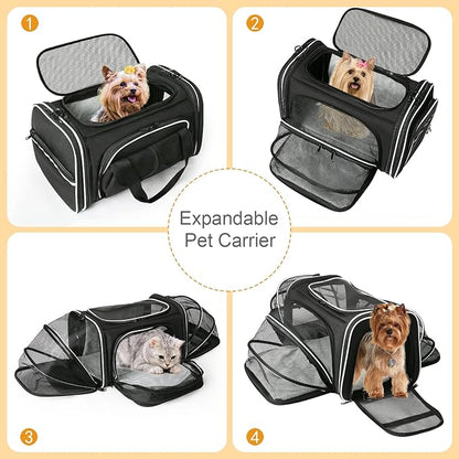 Estarer Soft Sided Pet Carrier Airline Approved, 4 Sides Expandable Collapsible Cat Carrier with Pockets & Removable Fleece Pad, Travel Carrier Bag for Cat Dog & Small Animals (Black)