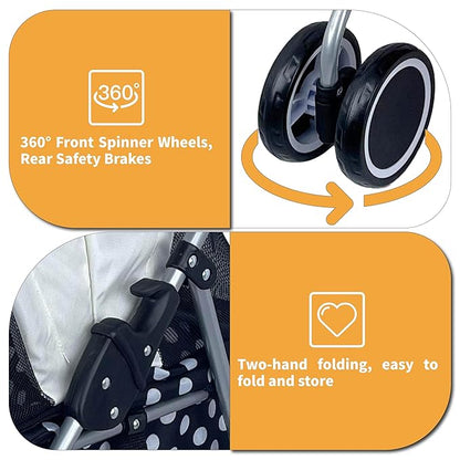 4 Wheels Posh Foldable Pet Stroller for Medium Small Dogs/Cats 33lbs(Black Dot)