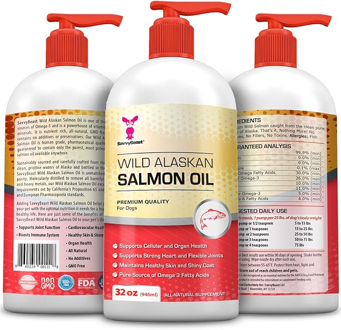 Pure Wild Alaskan Salmon Oil for Dogs, Cats, Ferrets - 32 oz Liquid Omega 3 Fish Oil, Pump on Food - Unscented All Natural Supplement for Skin and Coat, Joints, Heart, Brain, Allergy, Weight, Immune