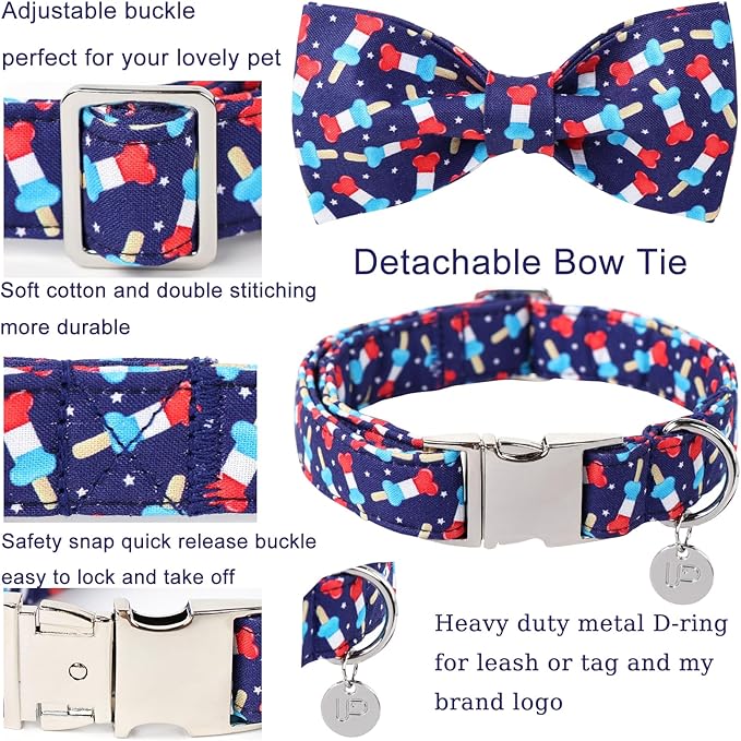 American Flag Dog Collar with Bow Tie 4th of 10-16in