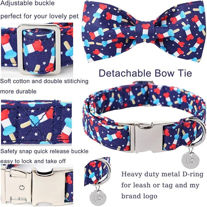 American Flag Dog Collar with Bow Tie 4th of 10-16in