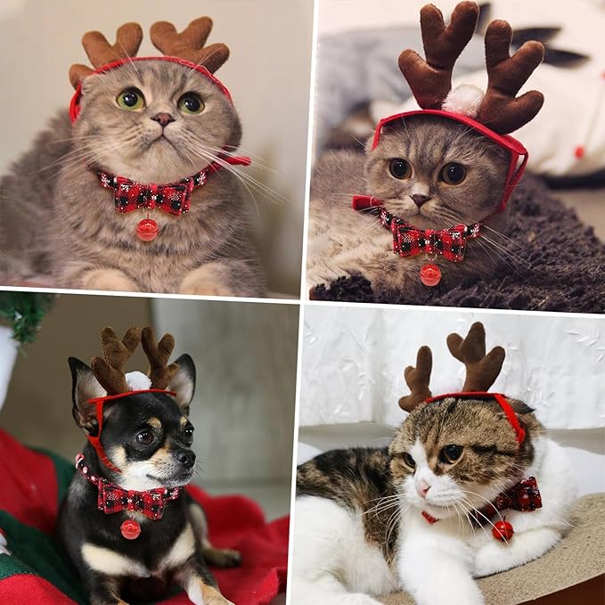 NAMSAN Cat Reindeer Costume Christmas Deer Antler Collar for Small Dogs Cats Xmas Cat Collar Reindeer Set