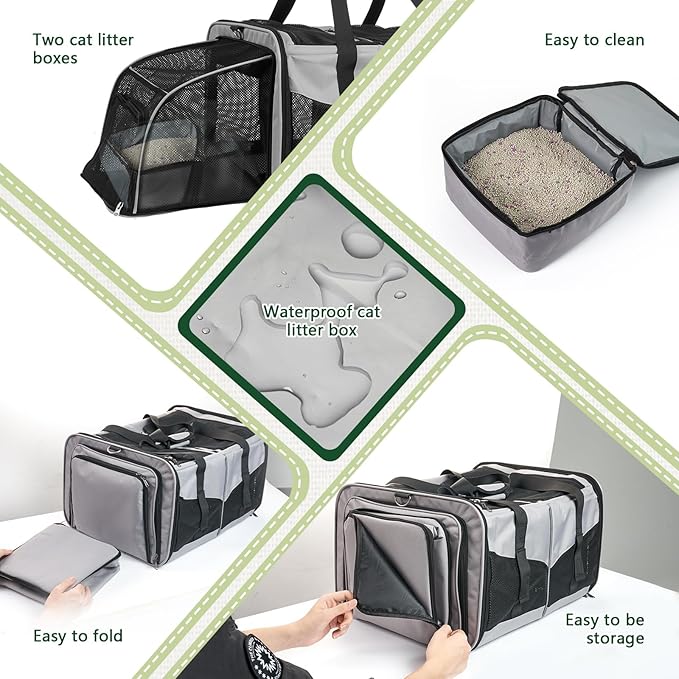 Cat Travel Carrier with Litter Boxes for 2 Cats, Double-Compartment Soft Pet Carrier, Expandable Portable Cat Carrier for Car Travel, up to 35 lb Road Trip, Camping, Hiking, Grey