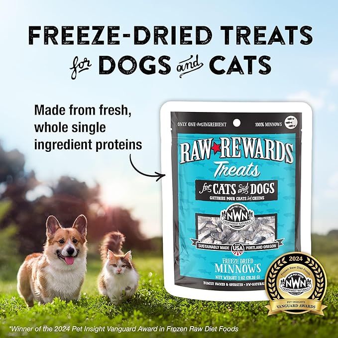 Northwest Naturals Raw Rewards Freeze-Dried Minnow Treats for Dogs and Cats - Bite-Sized Pieces - Healthy, 1 Ingredient, Human Grade Pet Food, All Natural - 1 Oz (Pack of 3) (Packaging May Vary)