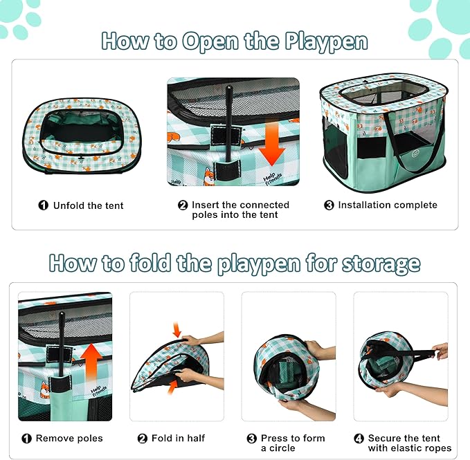 Dog Playpen Portable Pet Playpen Foldable Pet Play Pen for Cat Puppies Pop Up Dog Kennel Exercise Pen Tent with Mat and Carry Bag, Green-S