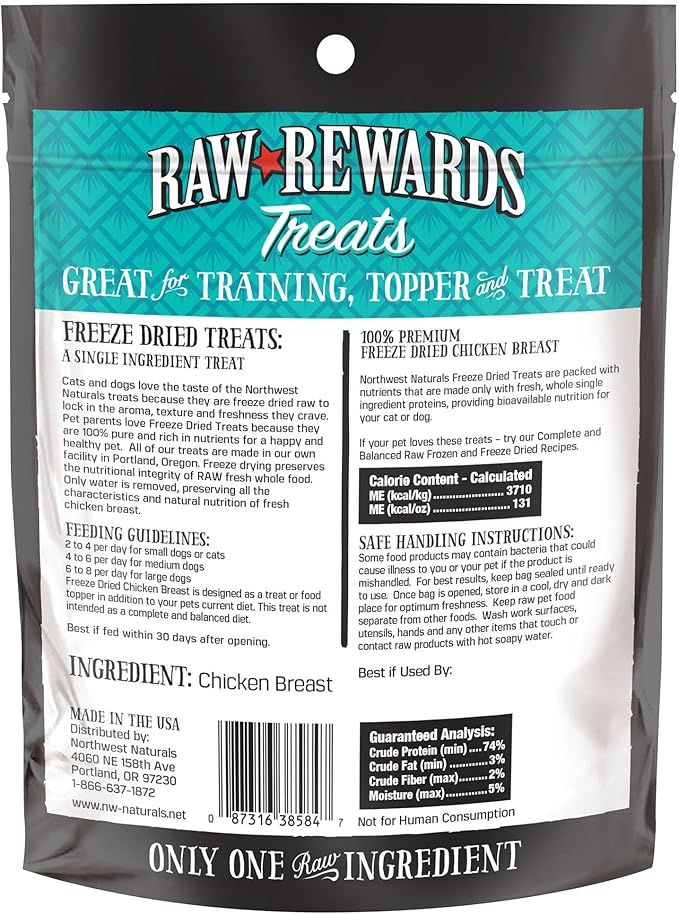 Northwest Naturals Raw Rewards Freeze-Dried Chicken Breast Treats for Dogs and Cats - Bite-Sized Pieces - Healthy, 1 Ingredient, Human Grade Pet Food, Natural - 10 Oz (Pack of 3)