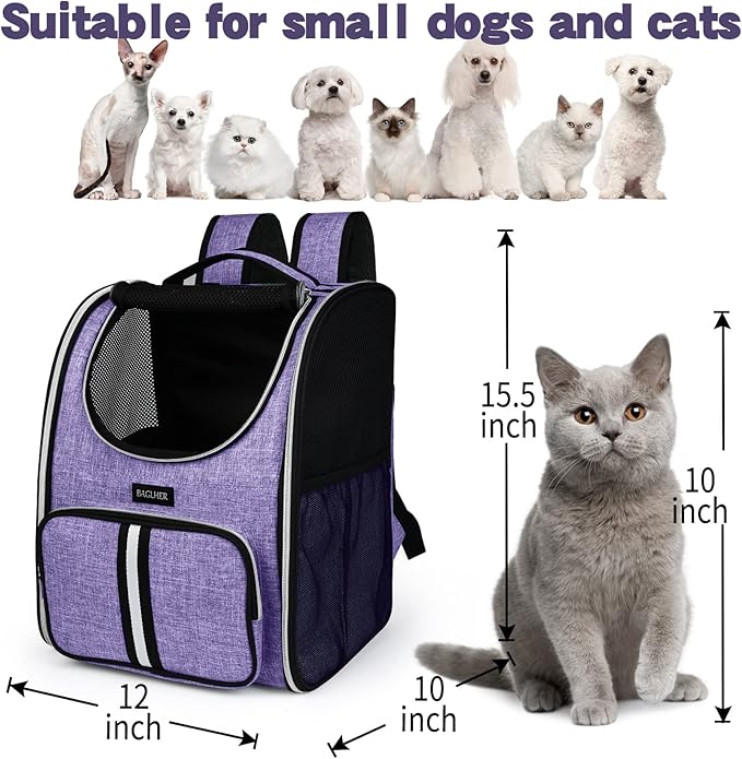 BAGLHER Pet Carrier Backpack, Dog Backpack Carrier for Small Dogs Cats, Thicker Bottom Support, Ventilated Design Breathable Dog Carrier Backpack Cat Bag for Hiking Travel Camping Outdoor Use Purple