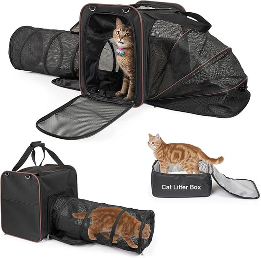 Cat Travel Carrier with Litter Box for Car, Expandable Cat Carrier with Collapsible Cat Travel Tube, Travel Cat Carrier for Car Travel, up to 20 lb to Road Trip, Camping, or Hotel, Black