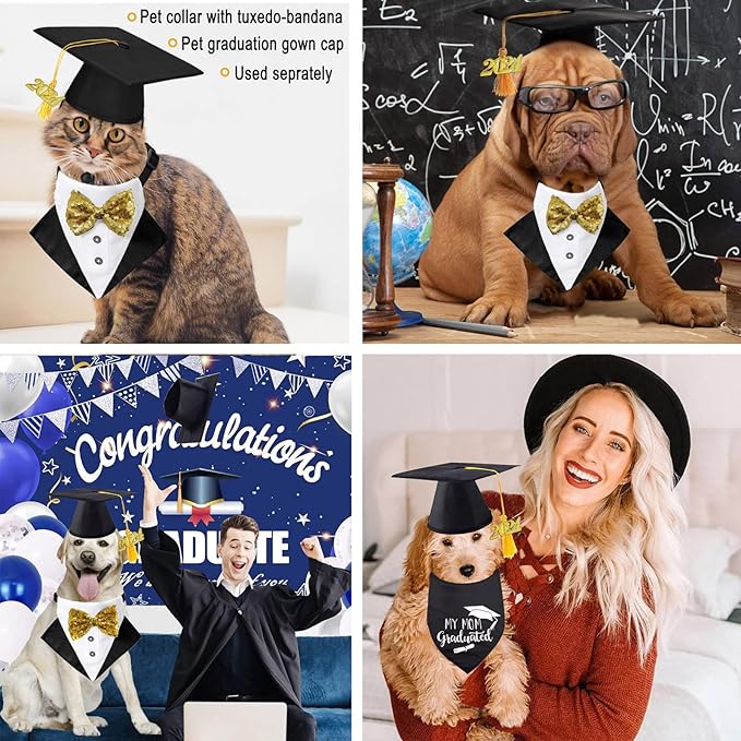 Pet Graduation Cap Dog Bandanas Collar Costume 3Pack Graduation Hat Triangle Scarf Grad Outfit Accessory for Dogs Cat Formal Tux Clothes with Bowtie Holiday Party Apparel (3PCS Gard Tux Set