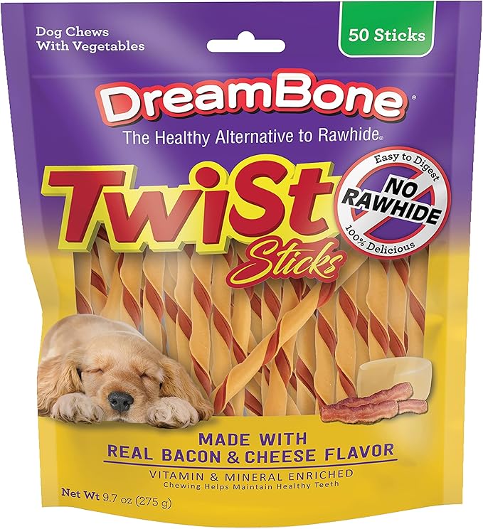 DreamBone Twist Sticks With Real Bacon And Cheese Flavor, Rawhide-Free Chews For Dogs, 50 Count (Pack of 1)