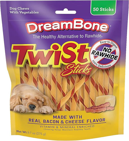 DreamBone Twist Sticks With Real Bacon And Cheese Flavor, Rawhide-Free Chews For Dogs, 50 Count (Pack of 1)