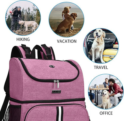 BAGLHER Pet Travel Bag, Double-Layer Pet Supplies Backpack (for All Pet Travel Supplies), Pet Travel Backpack with 2 Silicone Collapsible Bowls and 2 Food Baskets Pink