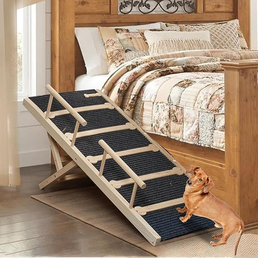 Wooden Dog Ramp for High Bed, 47.2" Long Non-Slip Dog Ramp for Couch, 6 Adjustable Heights from 15.7" to 28" with Side Rails Anti-Slip Traction Mat for Small Medium Large Dogs(Up to 160 Lbs)