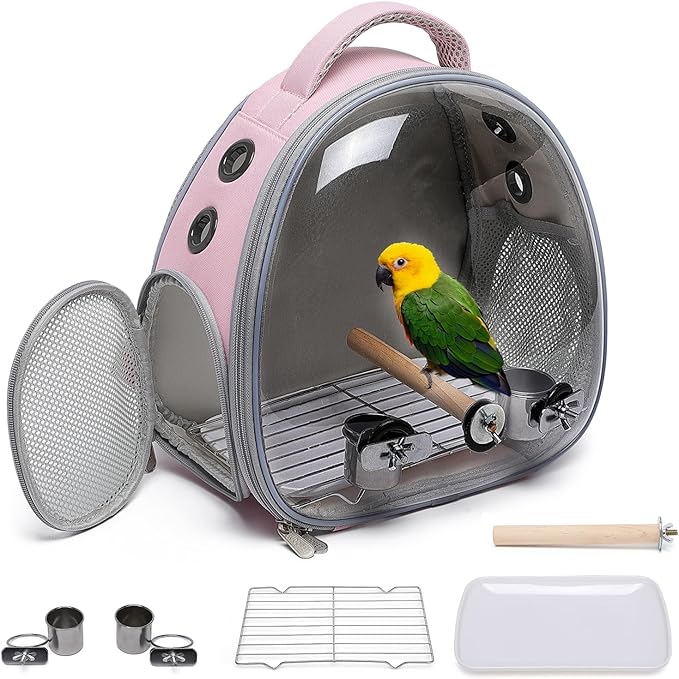 Bird Carrier Cage, Pet Travel Carrier Backpack with Standing Perch,Parrot Cockatiel Carrier bag, Food Bowl for Lovebirds Conures Parakeet Budgie Canary & Small Animal (pink+accessories)