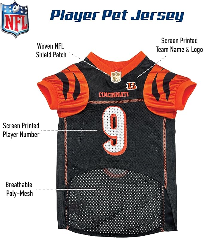 NFLPA Joe Burrow PET Jersey, NFL Dog Shirt, Size X-Small, Cincinnati Bengals Mesh Jersey for Dogs