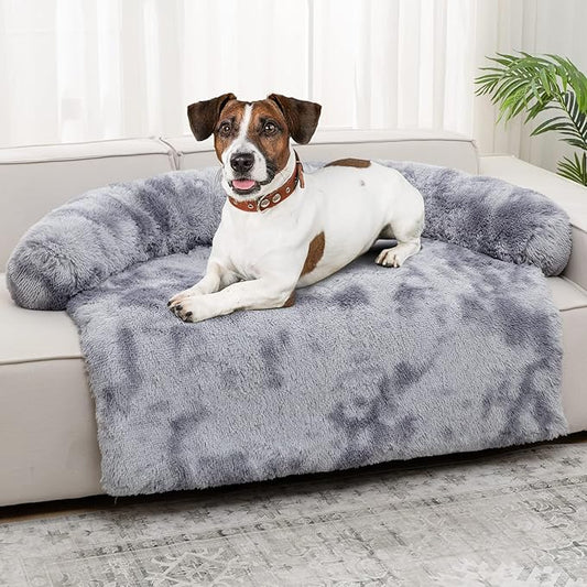 Syalife Shaggy Plush Calming Dog Couch Bed Pet Protector Cover(35"x31"x5", Grey/White)