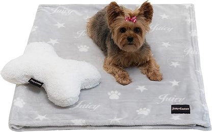 Juicy Couture Grey Paws and Stripes Dog Blanket with Sherpa Bone Shaped Pillow – Plush Puppy Blanket Throw