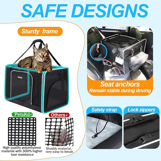 Petskd Large Pet Carrier with Wheels 24"x17"x17" for Large Cats, Pet Carrier for 2 Cats or Medium Dog, Cat Carrier for Car Travel with Litter Box and Bowl, Cat Soft Carrier with Locking Safety Zipper